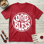 Dog Bless Great Dane T-Shirt flat lay in Cherry Red, featuring Retro bubble-letter badge reading DOG BLESS with a gentle Great Dane face with natural floppy ears framed in the letter O, hand-drawn sunburst rays radiating outward.