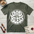 Dog Bless Great Dane T-Shirt flat lay in Heather Military Green, featuring Retro bubble-letter badge reading DOG BLESS with a gentle Great Dane face with natural floppy ears framed in the letter O, hand-drawn sunburst rays radiating outward.