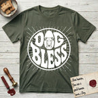 Dog Bless Greyhound T-Shirt flat lay in Heather Military Green, featuring Retro bubble-letter badge reading DOG BLESS with a slender Greyhound face with folded rose ears framed in the letter O, hand-drawn sunburst rays radiating outward.