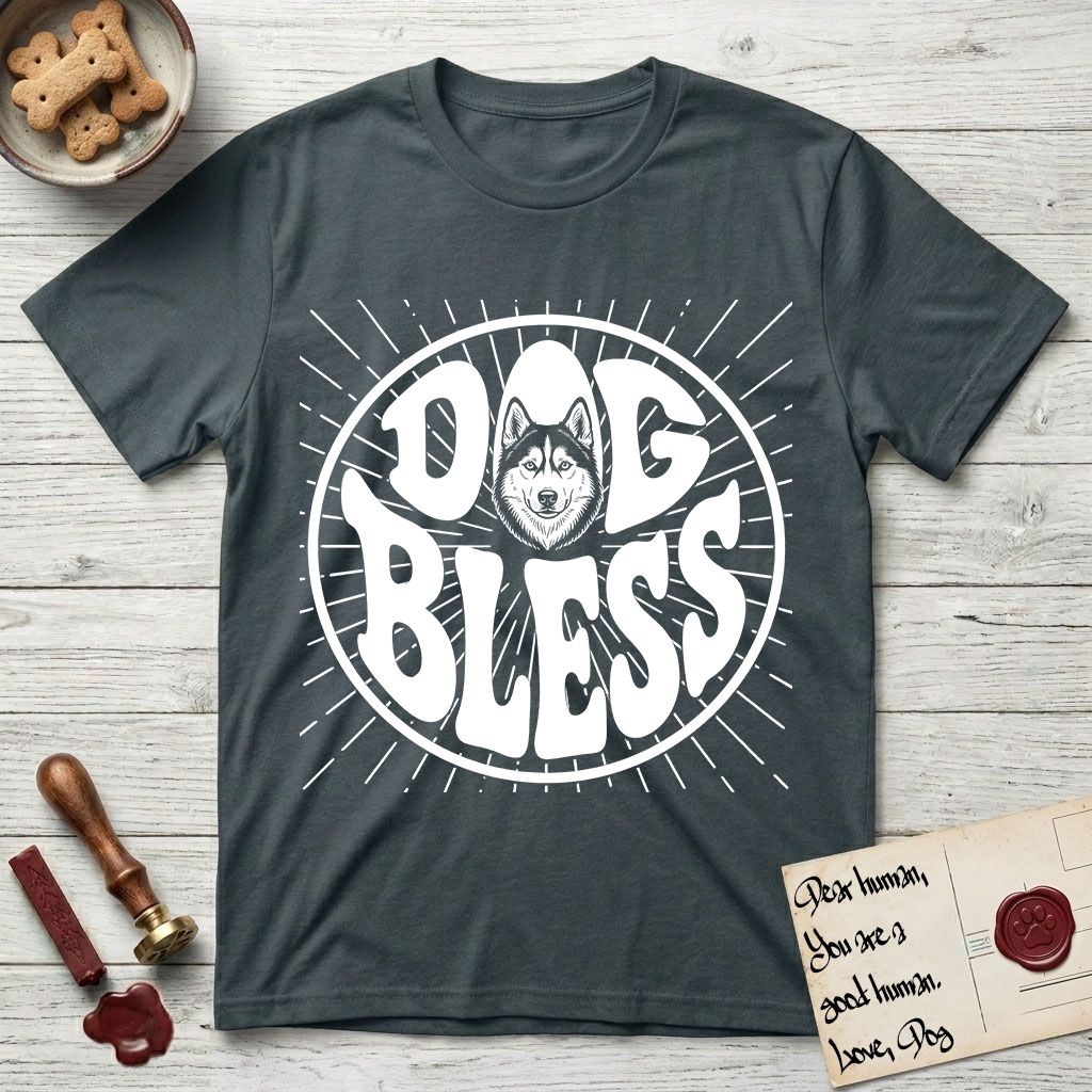 Dog Bless Husky T-Shirt flat lay in Dark Heather Grey, featuring Retro bubble-letter badge reading DOG BLESS with a masked Husky face framed in the letter O, hand-drawn sunburst rays radiating outward.