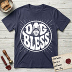 Dog Bless Husky T-Shirt flat lay in Navy, featuring Retro bubble-letter badge reading DOG BLESS with a masked Husky face framed in the letter O, hand-drawn sunburst rays radiating outward.