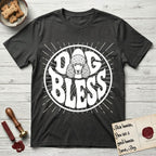Dog Bless Poodle T-Shirt flat lay in Charcoal, featuring Retro bubble-letter badge reading DOG BLESS with a Poodle face with curly topknot and long curled ears framed in the letter O, hand-drawn sunburst rays radiating outward.