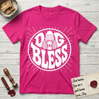 Dog Bless Poodle T-Shirt flat lay in Heliconia, featuring Retro bubble-letter badge reading DOG BLESS with a Poodle face with curly topknot and long curled ears framed in the letter O, hand-drawn sunburst rays radiating outward.