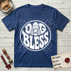Dog Bless Poodle T-Shirt flat lay in Royal, featuring Retro bubble-letter badge reading DOG BLESS with a Poodle face with curly topknot and long curled ears framed in the letter O, hand-drawn sunburst rays radiating outward.