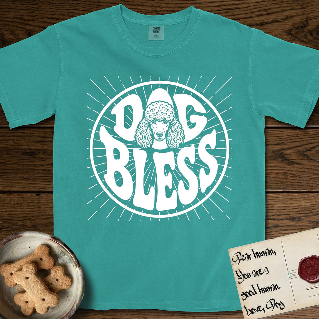 Dog Bless Poodle T-Shirt flat lay in Seafoam, featuring Retro bubble-letter badge reading DOG BLESS with a Poodle face with curly topknot and long curled ears framed in the letter O, hand-drawn sunburst rays radiating outward.