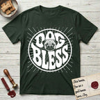 Dog Bless Pug T-Shirt flat lay in Forest Green, featuring Retro bubble-letter badge reading DOG BLESS with a wrinkled Pug face with large round eyes framed in the letter O, hand-drawn sunburst rays radiating outward.