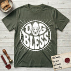 Dog Bless Weimaraner T-Shirt flat lay in Heather Military Green, featuring Retro bubble-letter badge reading DOG BLESS with a sleek Weimaraner face with long velvet ears framed in the letter O, hand-drawn sunburst rays radiating outward.