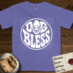 Dog Bless Weimaraner T-Shirt flat lay in Violet, featuring Retro bubble-letter badge reading DOG BLESS with a sleek Weimaraner face with long velvet ears framed in the letter O, hand-drawn sunburst rays radiating outward.