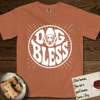 Dog Bless Weimaraner T-Shirt flat lay in Yam, featuring Retro bubble-letter badge reading DOG BLESS with a sleek Weimaraner face with long velvet ears framed in the letter O, hand-drawn sunburst rays radiating outward.