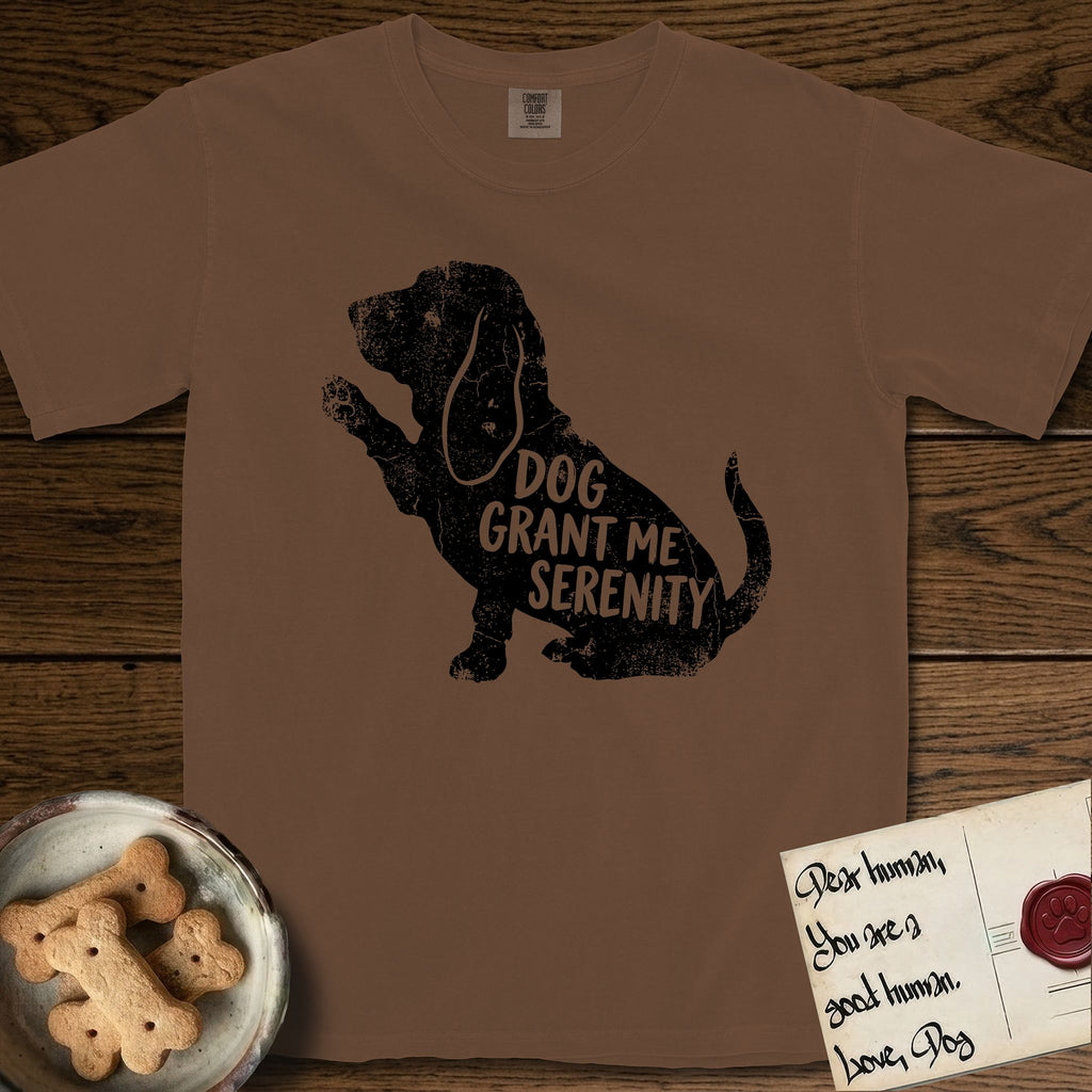 Serenity Basset Hound T-Shirt flat lay in Espresso, featuring Distressed black screen print silhouette of a Basset Hound sitting in profile with one paw raised and long ears hanging, the words DOG GRANT ME SERENITY showing through his body in the shirt color.