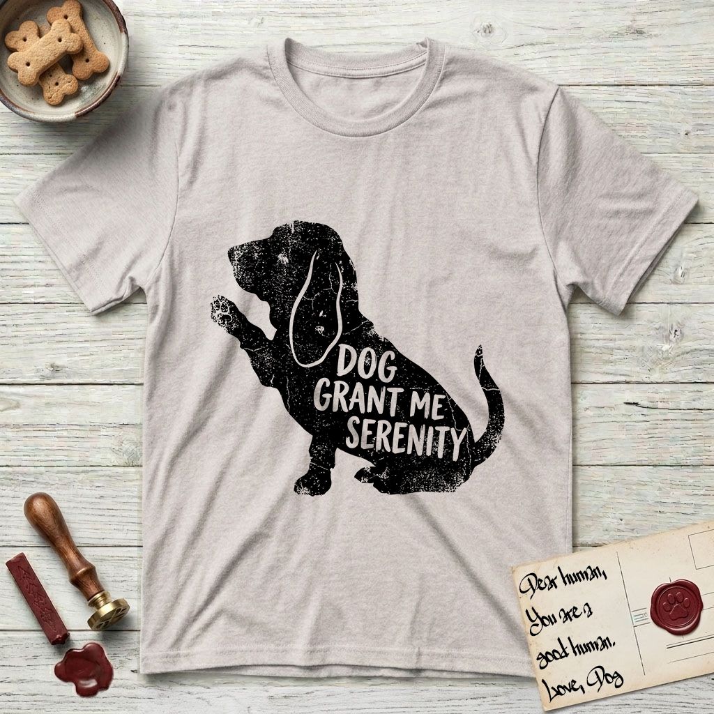 Serenity Basset Hound T-Shirt flat lay in Ice Grey, featuring Distressed black screen print silhouette of a Basset Hound sitting in profile with one paw raised and long ears hanging, the words DOG GRANT ME SERENITY showing through his body in the shirt color.