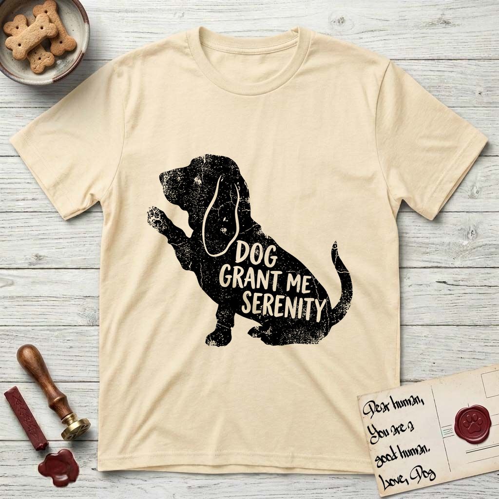 Serenity Basset Hound T-Shirt flat lay in Natural, featuring Distressed black screen print silhouette of a Basset Hound sitting in profile with one paw raised and long ears hanging, the words DOG GRANT ME SERENITY showing through his body in the shirt color.