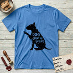 Serenity Bull Terrier T-Shirt flat lay in Heather Sapphire, featuring Distressed black screen print silhouette of a Bull Terrier sitting in profile with one paw raised and an egg-shaped head, the words DOG GRANT ME SERENITY showing through her body in the shirt color.