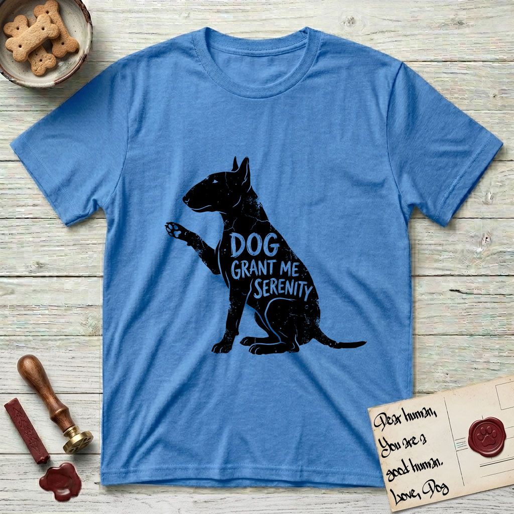Serenity Bull Terrier T-Shirt flat lay in Heather Sapphire, featuring Distressed black screen print silhouette of a Bull Terrier sitting in profile with one paw raised and an egg-shaped head, the words DOG GRANT ME SERENITY showing through her body in the shirt color.