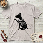 Serenity Bull Terrier T-Shirt flat lay in Ice Grey, featuring Distressed black screen print silhouette of a Bull Terrier sitting in profile with one paw raised and an egg-shaped head, the words DOG GRANT ME SERENITY showing through her body in the shirt color.
