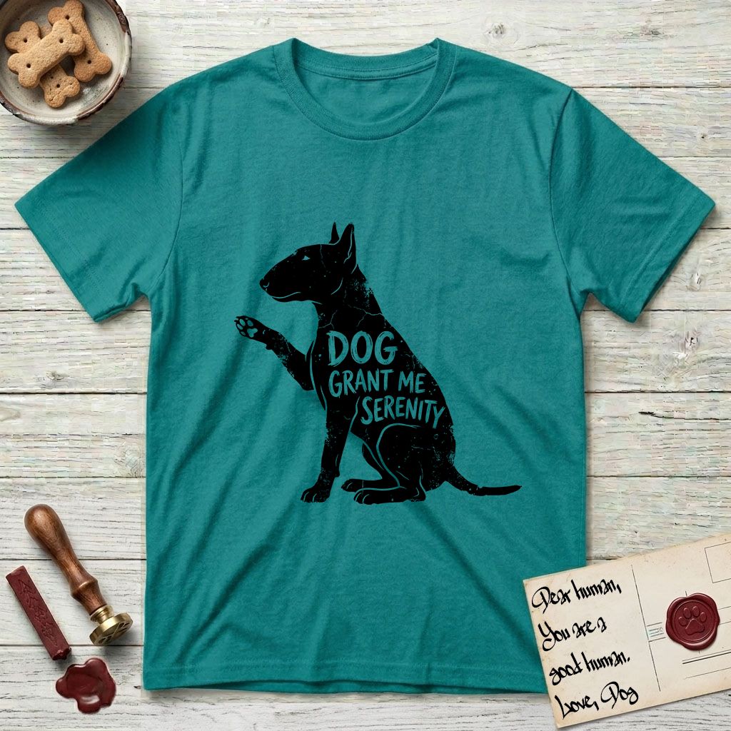 Serenity Bull Terrier T-Shirt flat lay in Jade Dome, featuring Distressed black screen print silhouette of a Bull Terrier sitting in profile with one paw raised and an egg-shaped head, the words DOG GRANT ME SERENITY showing through her body in the shirt color.