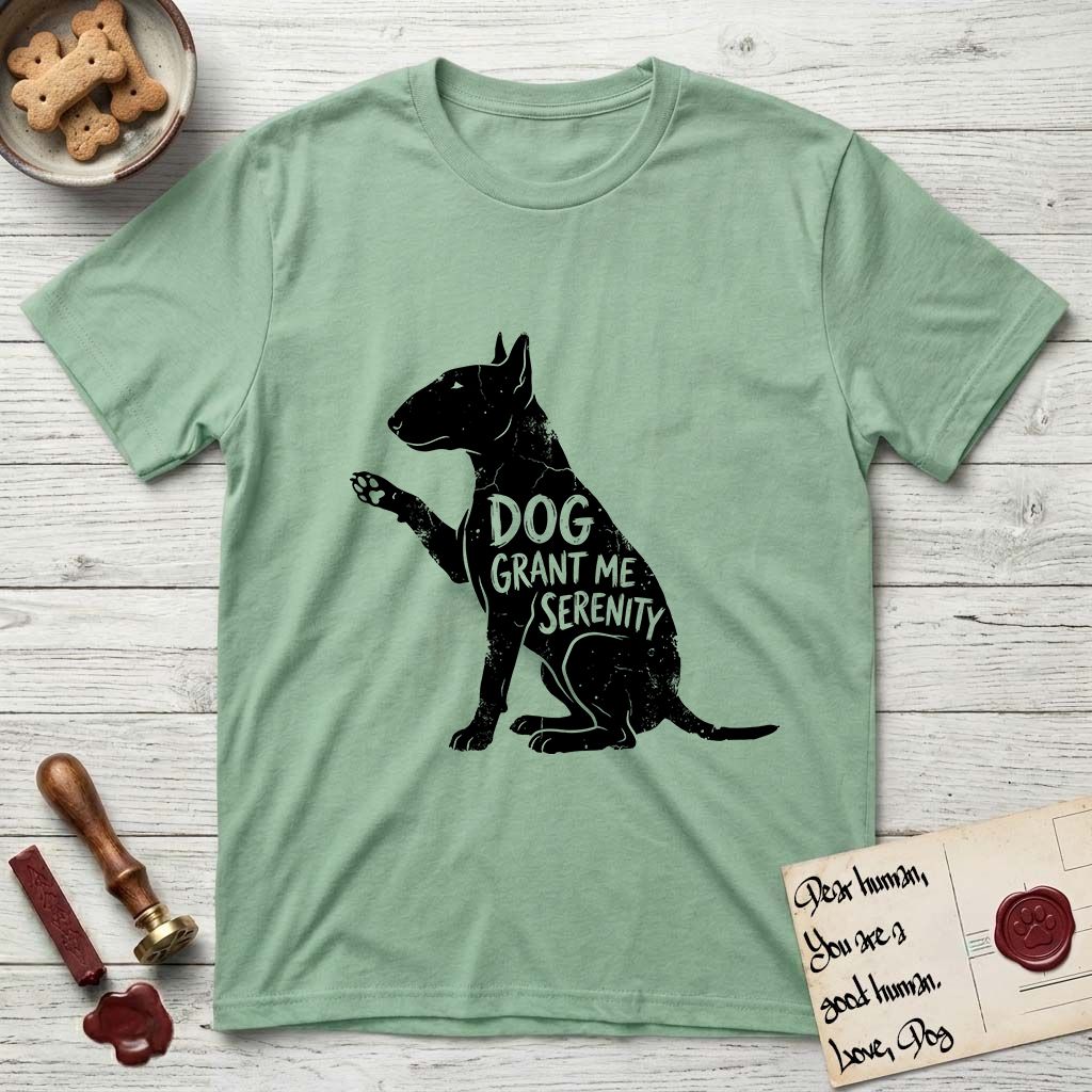 Serenity Bull Terrier T-Shirt flat lay in Mint Green, featuring Distressed black screen print silhouette of a Bull Terrier sitting in profile with one paw raised and an egg-shaped head, the words DOG GRANT ME SERENITY showing through her body in the shirt color.