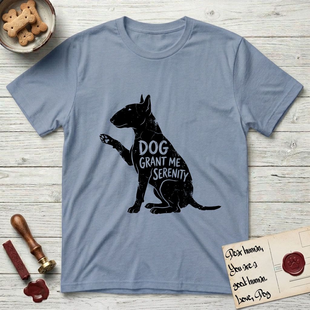 Serenity Bull Terrier T-Shirt flat lay in Stone Blue, featuring Distressed black screen print silhouette of a Bull Terrier sitting in profile with one paw raised and an egg-shaped head, the words DOG GRANT ME SERENITY showing through her body in the shirt color.
