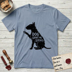 Serenity Bull Terrier T-Shirt flat lay in Stone Blue, featuring Distressed black screen print silhouette of a Bull Terrier sitting in profile with one paw raised and an egg-shaped head, the words DOG GRANT ME SERENITY showing through her body in the shirt color.