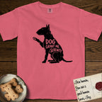 Serenity Bull Terrier T-Shirt flat lay in Watermelon, featuring Distressed black screen print silhouette of a Bull Terrier sitting in profile with one paw raised and an egg-shaped head, the words DOG GRANT ME SERENITY showing through her body in the shirt color.