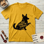 Serenity Corgi T-Shirt flat lay in Daisy, featuring Distressed black screen print silhouette of a Corgi sitting in profile with one paw raised, upright ears and a full brush tail, the words DOG GRANT ME SERENITY showing through his body in the shirt color.