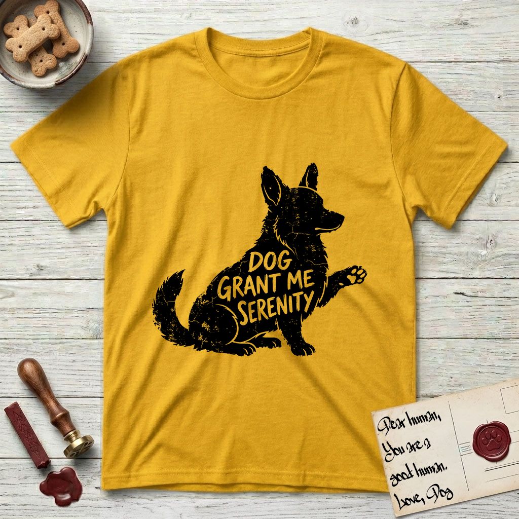 Serenity Corgi T-Shirt flat lay in Daisy, featuring Distressed black screen print silhouette of a Corgi sitting in profile with one paw raised, upright ears and a full brush tail, the words DOG GRANT ME SERENITY showing through his body in the shirt color.