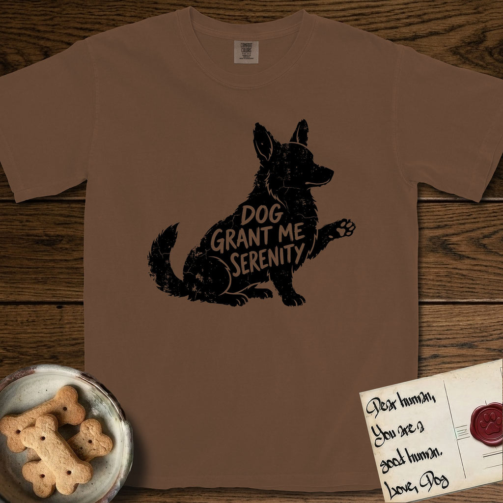 Serenity Corgi T-Shirt flat lay in Espresso, featuring Distressed black screen print silhouette of a Corgi sitting in profile with one paw raised, upright ears and a full brush tail, the words DOG GRANT ME SERENITY showing through his body in the shirt color.