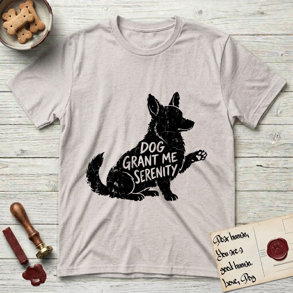 Serenity Corgi T-Shirt flat lay in Ice Grey, featuring Distressed black screen print silhouette of a Corgi sitting in profile with one paw raised, upright ears and a full brush tail, the words DOG GRANT ME SERENITY showing through his body in the shirt color.