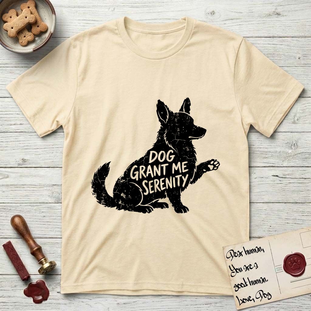 Serenity Corgi T-Shirt flat lay in Natural, featuring Distressed black screen print silhouette of a Corgi sitting in profile with one paw raised, upright ears and a full brush tail, the words DOG GRANT ME SERENITY showing through his body in the shirt color.