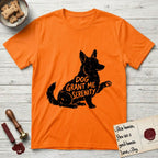 Serenity Corgi T-Shirt flat lay in Orange, featuring Distressed black screen print silhouette of a Corgi sitting in profile with one paw raised, upright ears and a full brush tail, the words DOG GRANT ME SERENITY showing through his body in the shirt color.