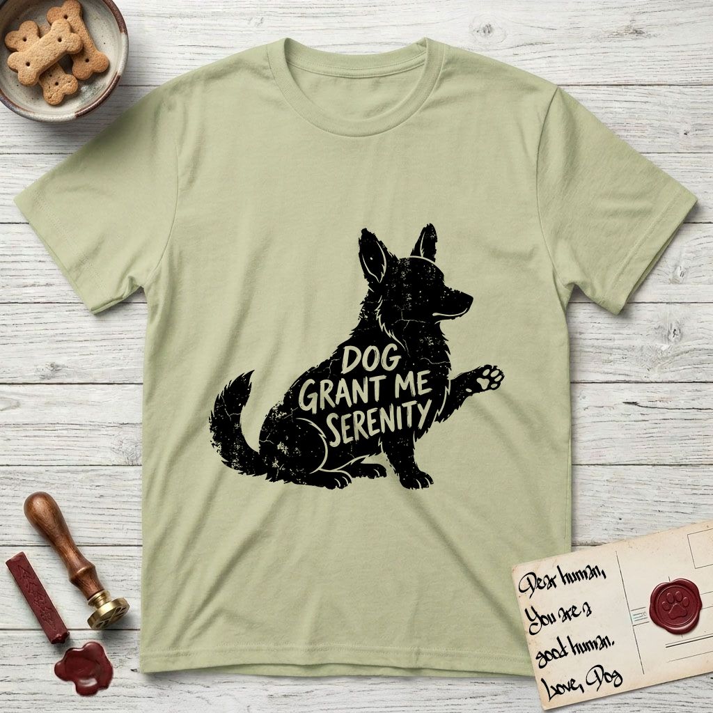 Serenity Corgi T-Shirt flat lay in Pistachio, featuring Distressed black screen print silhouette of a Corgi sitting in profile with one paw raised, upright ears and a full brush tail, the words DOG GRANT ME SERENITY showing through his body in the shirt color.