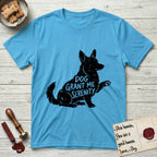Serenity Corgi T-Shirt flat lay in Sky, featuring Distressed black screen print silhouette of a Corgi sitting in profile with one paw raised, upright ears and a full brush tail, the words DOG GRANT ME SERENITY showing through his body in the shirt color.