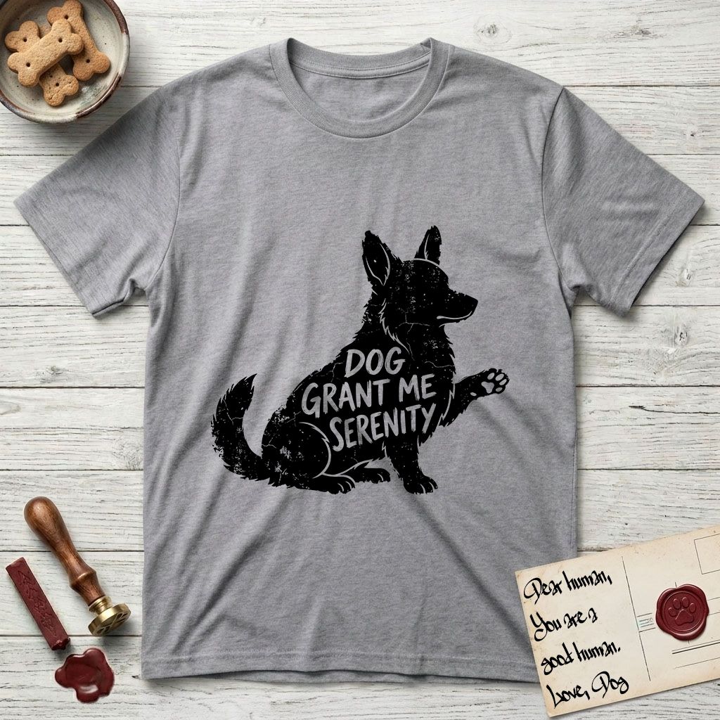 Serenity Corgi T-Shirt flat lay in Sport Grey, featuring Distressed black screen print silhouette of a Corgi sitting in profile with one paw raised, upright ears and a full brush tail, the words DOG GRANT ME SERENITY showing through his body in the shirt color.