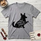 Serenity Corgi T-Shirt flat lay in Sport Grey, featuring Distressed black screen print silhouette of a Corgi sitting in profile with one paw raised, upright ears and a full brush tail, the words DOG GRANT ME SERENITY showing through his body in the shirt color.