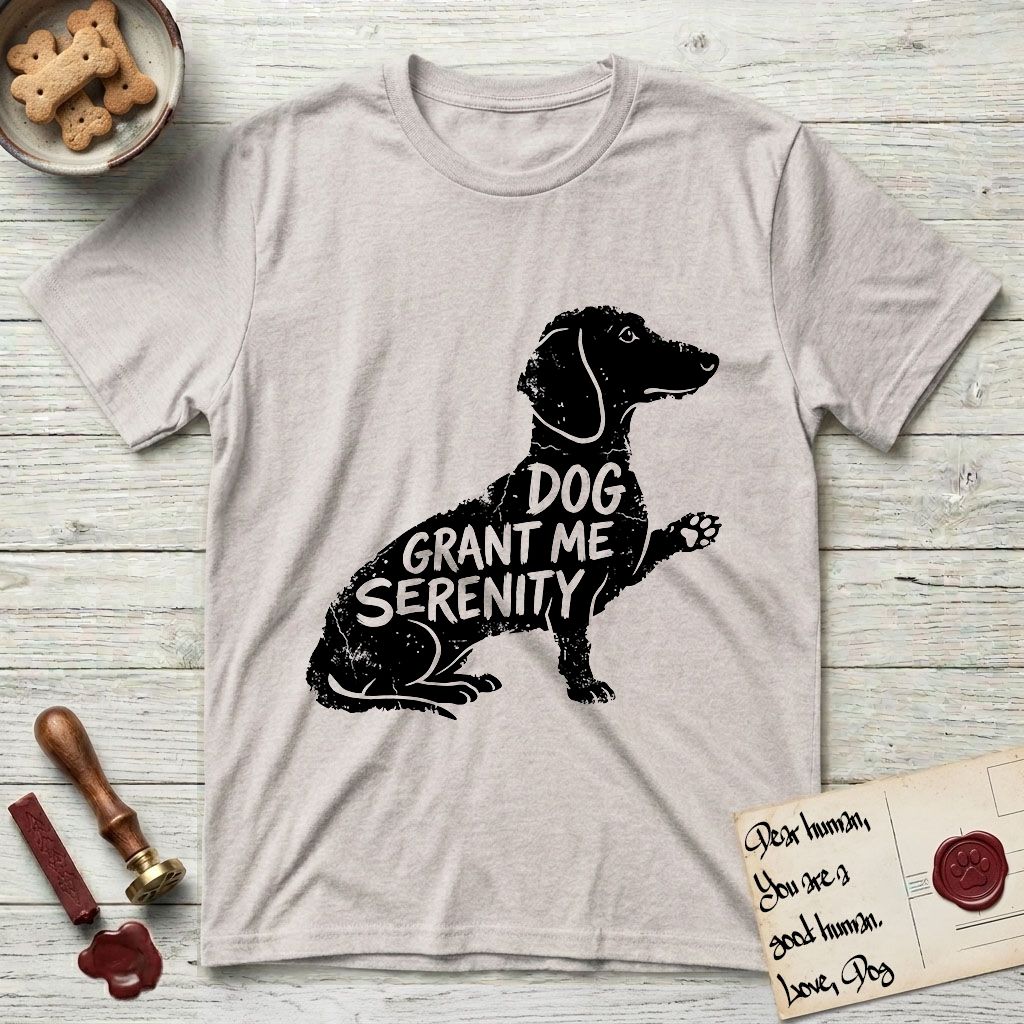 Serenity Dachshund T-Shirt flat lay in Ice Grey, featuring Distressed black screen print silhouette of a Dachshund sitting in profile with one paw raised, a long low body and long hanging ears, the words DOG GRANT ME SERENITY showing through her body in the shirt color.