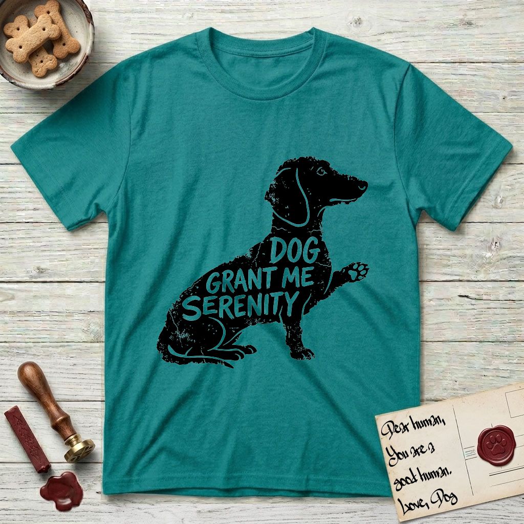 Serenity Dachshund T-Shirt flat lay in Jade Dome, featuring Distressed black screen print silhouette of a Dachshund sitting in profile with one paw raised, a long low body and long hanging ears, the words DOG GRANT ME SERENITY showing through her body in the shirt color.