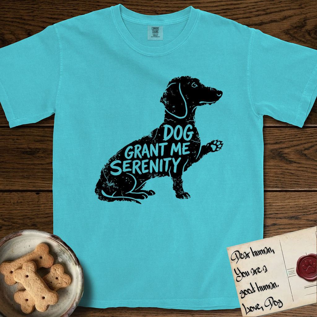 Serenity Dachshund T-Shirt flat lay in Lagoon Blue, featuring Distressed black screen print silhouette of a Dachshund sitting in profile with one paw raised, a long low body and long hanging ears, the words DOG GRANT ME SERENITY showing through her body in the shirt color.
