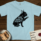 Serenity French Bulldog T-Shirt flat lay in Chambray, featuring Distressed black screen print silhouette of a French Bulldog sitting in profile with one paw raised and large upright bat ears, the words DOG GRANT ME SERENITY showing through his body in the shirt color.