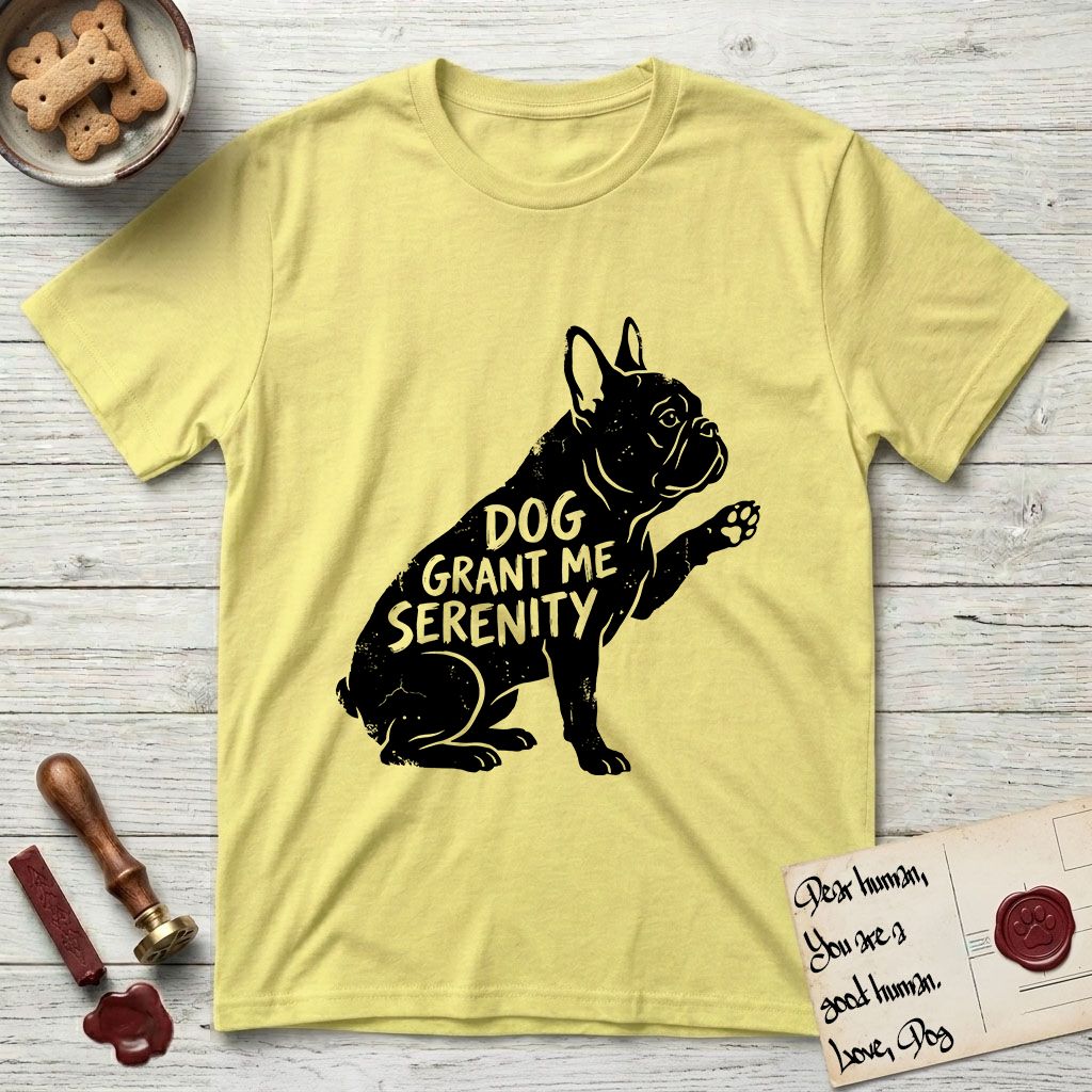 Serenity French Bulldog T-Shirt flat lay in Cornsilk, featuring Distressed black screen print silhouette of a French Bulldog sitting in profile with one paw raised and large upright bat ears, the words DOG GRANT ME SERENITY showing through his body in the shirt color.