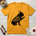 Serenity French Bulldog T-Shirt flat lay in Gold, featuring Distressed black screen print silhouette of a French Bulldog sitting in profile with one paw raised and large upright bat ears, the words DOG GRANT ME SERENITY showing through his body in the shirt color.