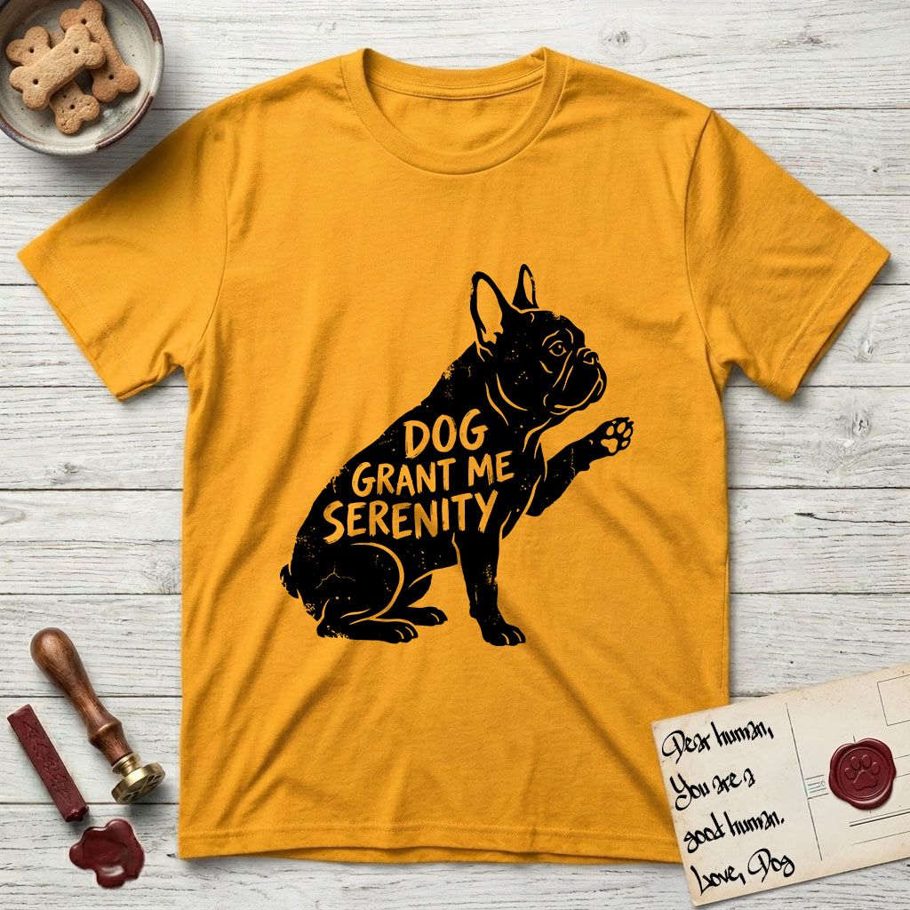 Serenity French Bulldog T-Shirt flat lay in Gold, featuring Distressed black screen print silhouette of a French Bulldog sitting in profile with one paw raised and large upright bat ears, the words DOG GRANT ME SERENITY showing through his body in the shirt color.
