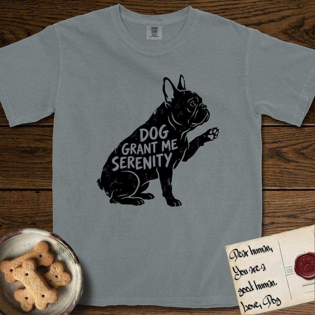 Serenity French Bulldog T-Shirt flat lay in Granite, featuring Distressed black screen print silhouette of a French Bulldog sitting in profile with one paw raised and large upright bat ears, the words DOG GRANT ME SERENITY showing through his body in the shirt color.