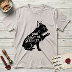 Serenity French Bulldog T-Shirt flat lay in Ice Grey, featuring Distressed black screen print silhouette of a French Bulldog sitting in profile with one paw raised and large upright bat ears, the words DOG GRANT ME SERENITY showing through his body in the shirt color.