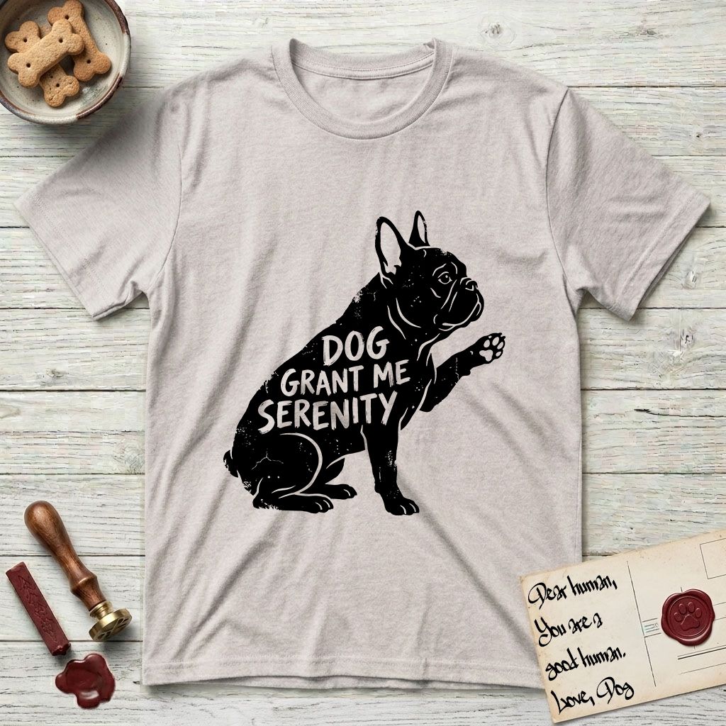 Serenity French Bulldog T-Shirt flat lay in Ice Grey, featuring Distressed black screen print silhouette of a French Bulldog sitting in profile with one paw raised and large upright bat ears, the words DOG GRANT ME SERENITY showing through his body in the shirt color.