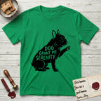 Serenity French Bulldog T-Shirt flat lay in Irish Green, featuring Distressed black screen print silhouette of a French Bulldog sitting in profile with one paw raised and large upright bat ears, the words DOG GRANT ME SERENITY showing through his body in the shirt color.
