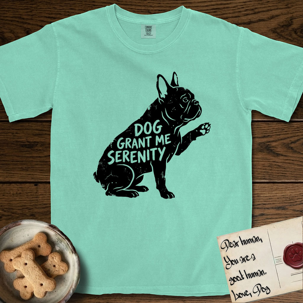 Serenity French Bulldog T-Shirt flat lay in Island Reef, featuring Distressed black screen print silhouette of a French Bulldog sitting in profile with one paw raised and large upright bat ears, the words DOG GRANT ME SERENITY showing through his body in the shirt color.