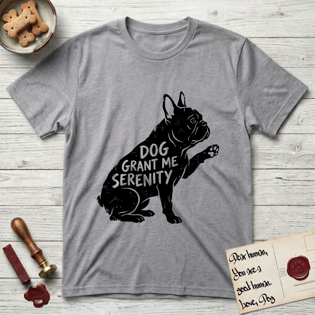 Serenity French Bulldog T-Shirt flat lay in Sport Grey, featuring Distressed black screen print silhouette of a French Bulldog sitting in profile with one paw raised and large upright bat ears, the words DOG GRANT ME SERENITY showing through his body in the shirt color.