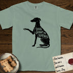 Serenity Greyhound T-Shirt flat lay in Bay, featuring Distressed black screen print silhouette of a Greyhound sitting in profile with one paw raised, an arched back and a long whip tail, the words DOG GRANT ME SERENITY showing through her body in the shirt color.