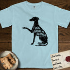 Serenity Greyhound T-Shirt flat lay in Chambray, featuring Distressed black screen print silhouette of a Greyhound sitting in profile with one paw raised, an arched back and a long whip tail, the words DOG GRANT ME SERENITY showing through her body in the shirt color.