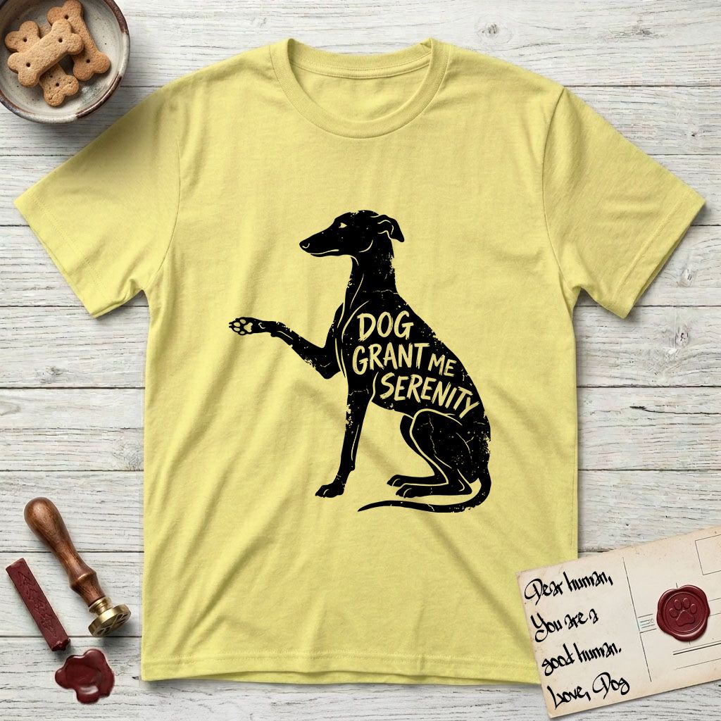 Serenity Greyhound T-Shirt flat lay in Cornsilk, featuring Distressed black screen print silhouette of a Greyhound sitting in profile with one paw raised, an arched back and a long whip tail, the words DOG GRANT ME SERENITY showing through her body in the shirt color.